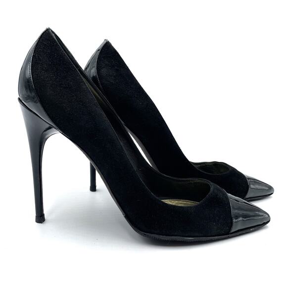 SOLD-Tom Ford Suede Pumps Black Patent Cap Toe Stiletto Heels Point Toe - Picture 1 of 10